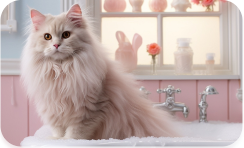 A fluffy white cat in the bathroom